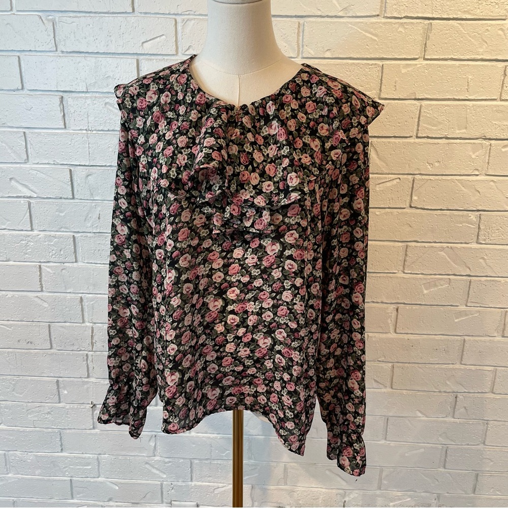 Vintage 90s SMW Ruffle Collar Poet Blouse Black Floral M